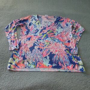 Lilly Pulitzer Top Womens Small Linen Floral Beach Pink Long Sleeve V Neck Knit